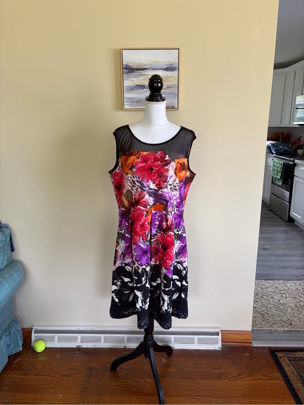 New Size 14 Peach Velvet Floral Dress with Black Mesh Accent